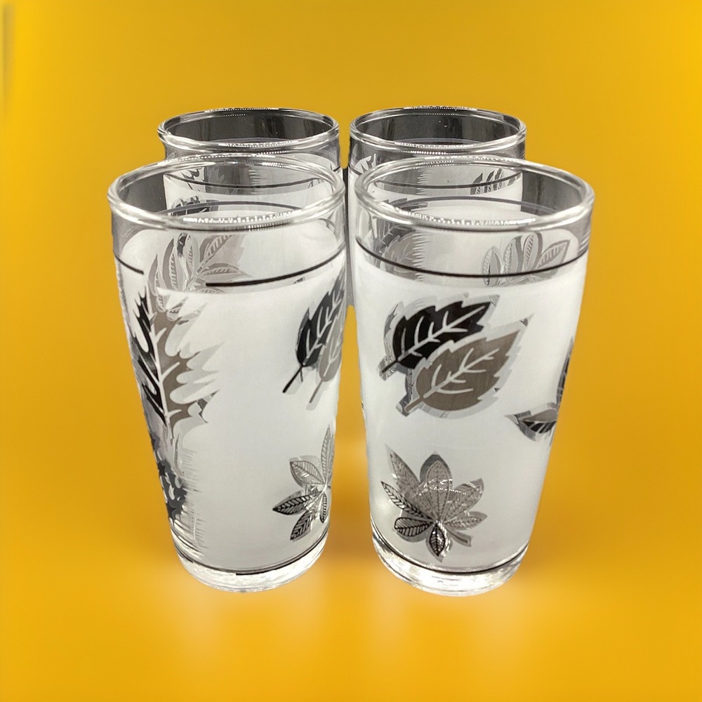 Vintage Libbey Frosted‎ Silver Leaf Juice Glasses Set of 4  4" High Collectible